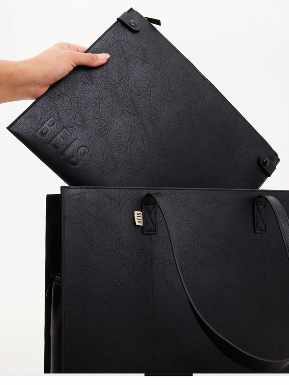 BÉIS Large Work Tote Black Vegan Leather Laptop Bag Travel w/ Organizer Insert - Picture 2 of 9
